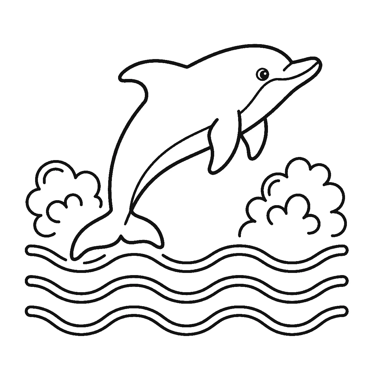 Coloring page of a dolphin leaping above three wave lines with one round eye, a curved beak and splashes on either side, black outlines on white