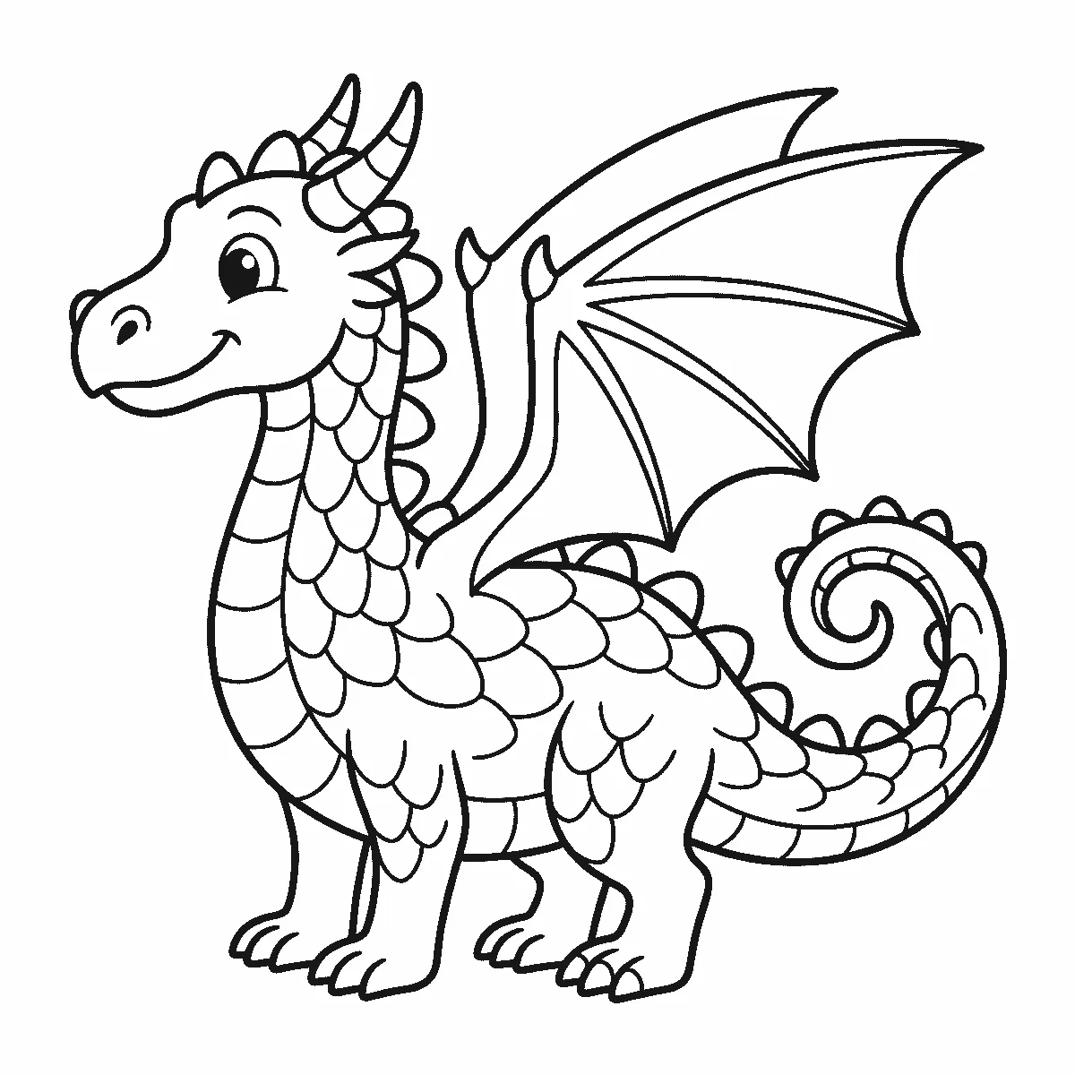 Coloring page of a friendly dragon standing in profile with one round eye, two horns, a scaled body, a spiked back, one open bat-like wing and a curled tail, black outlines on white