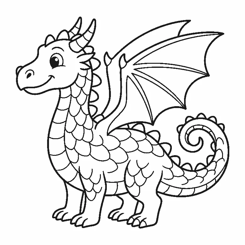 Coloring page of a friendly dragon standing in profile with one round eye, two horns, a scaled body, a spiked back, one open bat-like wing and a curled tail, black outlines on white