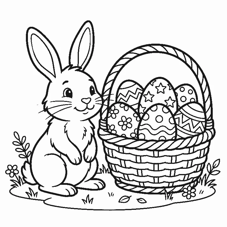Coloring page of a rabbit sitting in profile beside a woven basket of six decorated eggs patterned with stars, flowers, dots and zigzags, on grass with small flowers, black outlines on white