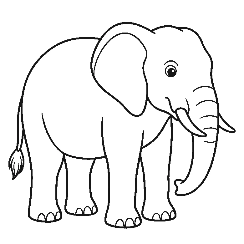 Coloring page of an elephant standing in profile with one round eye, a wide ear, two short tusks, a long curling trunk and a tufted tail, black outlines on white