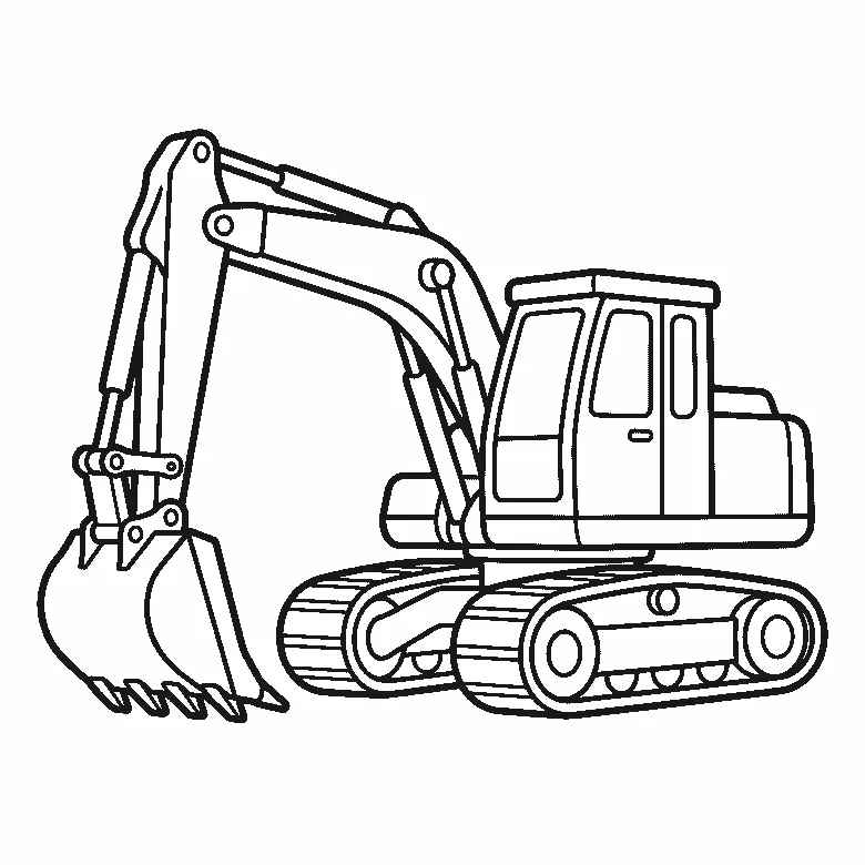 Coloring page of a tracked excavator with a glazed cab, a jointed arm with hydraulic rams and a toothed bucket resting on the ground, black outlines on white