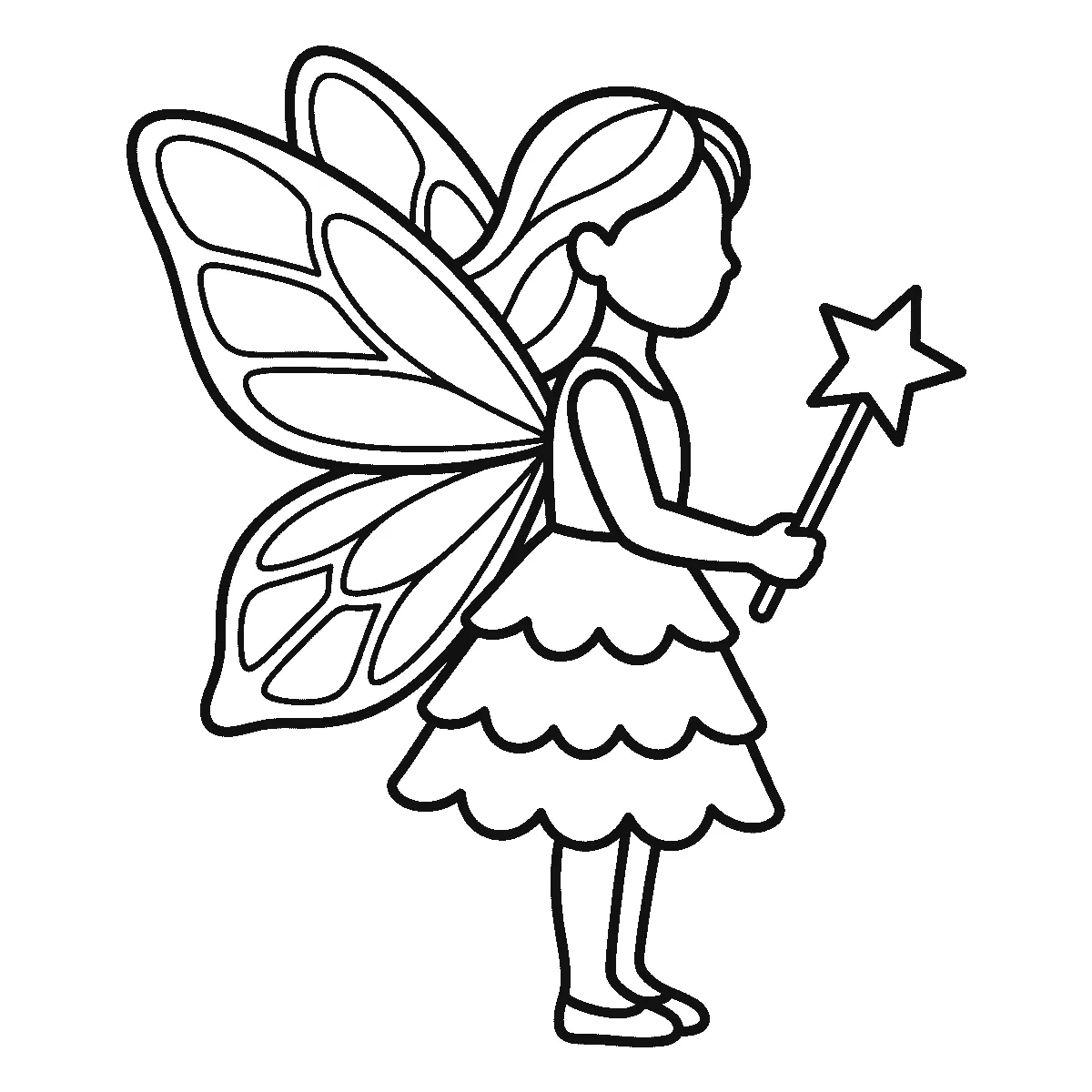 Coloring page of a fairy standing in profile with a completely blank face, long hair swept back past her shoulders, two large butterfly wings behind her divided by thick veins into separate closed panels, a sleeveless top over a three-tier skirt with scalloped edges, bare legs in flat shoes, and one arm held forward holding a slender wand with a five-pointed star at its tip, black outlines on white