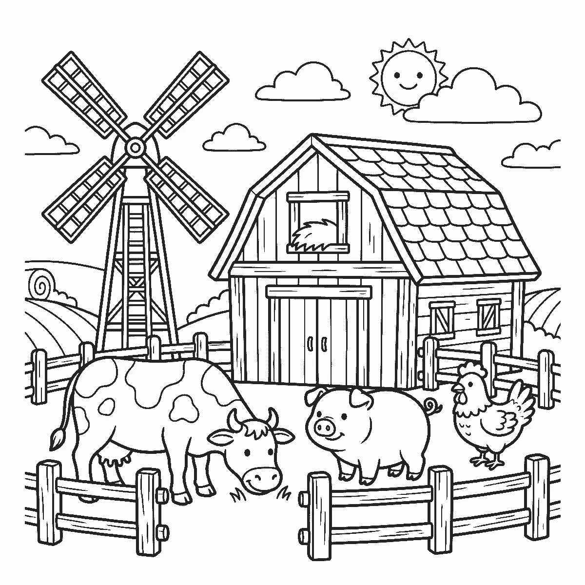 Coloring page of a farm: a barn with a shingled roof and a hayloft window, a windmill, rail fences, a spotted cow with two round eyes grazing, a pig, a hen with one round eye, rolling fields behind and a smiling sun above, black outlines on white