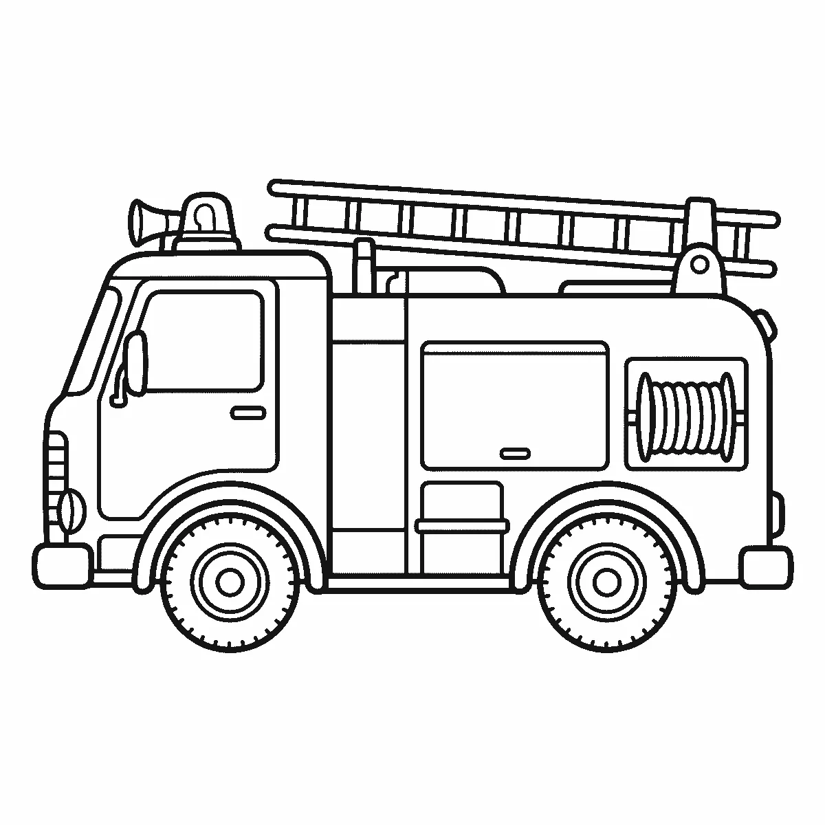 Coloring page of a fire truck seen from the side with a ladder along the roof, a beacon lamp, a horn, a hose reel and two treaded wheels, its doors left plain, black outlines on white