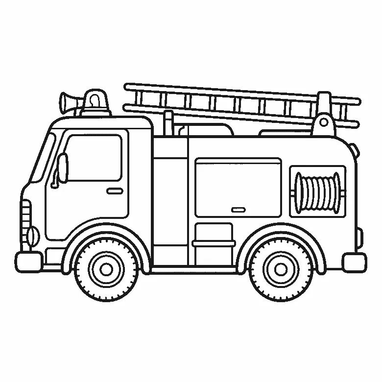 Coloring page of a fire truck seen from the side with a ladder along the roof, a beacon lamp, a horn, a hose reel and two treaded wheels, its doors left plain, black outlines on white