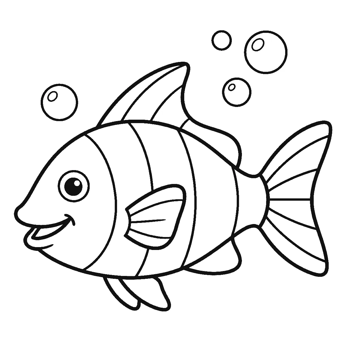 Coloring page of a wide tropical fish swimming in profile with one round eye, broad stripes across its body, a fanned tail and three bubbles rising beside it, black outlines on white