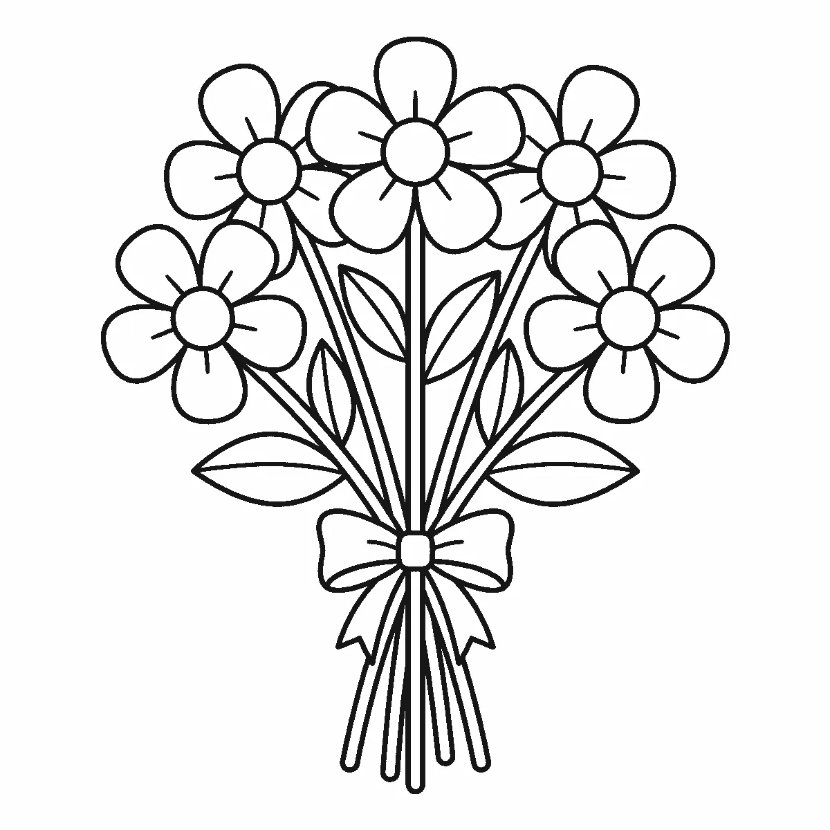 Coloring page of a bouquet of five large round-petalled flowers on long stems with leaves, gathered and tied with a ribbon bow, black outlines on white