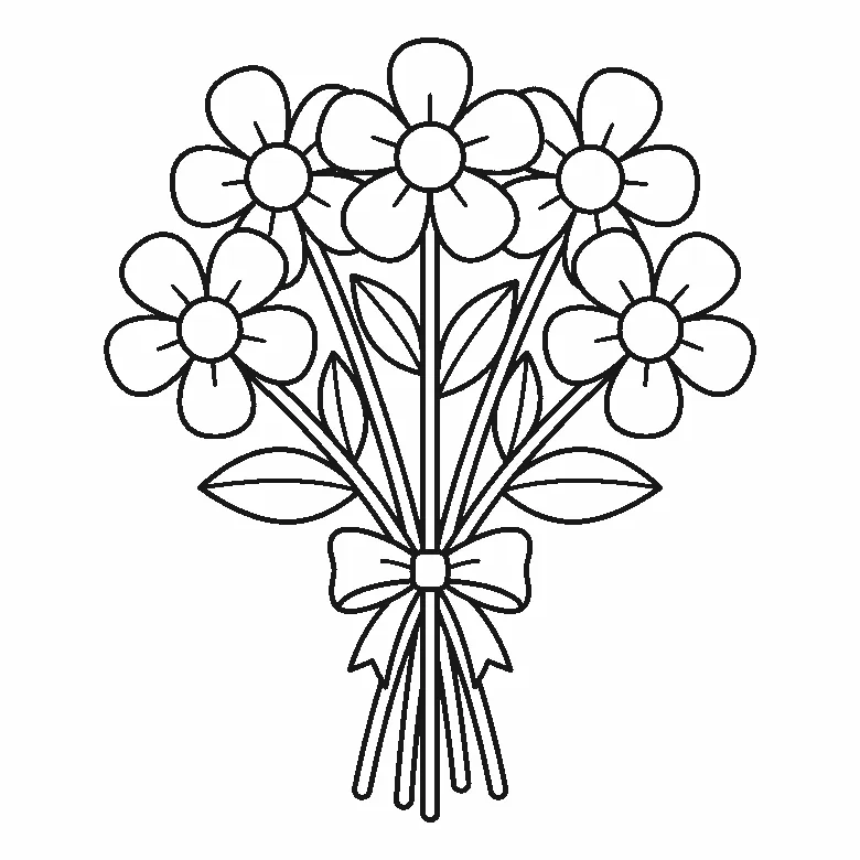 Coloring page of a bouquet of five large round-petalled flowers on long stems with leaves, gathered and tied with a ribbon bow, black outlines on white