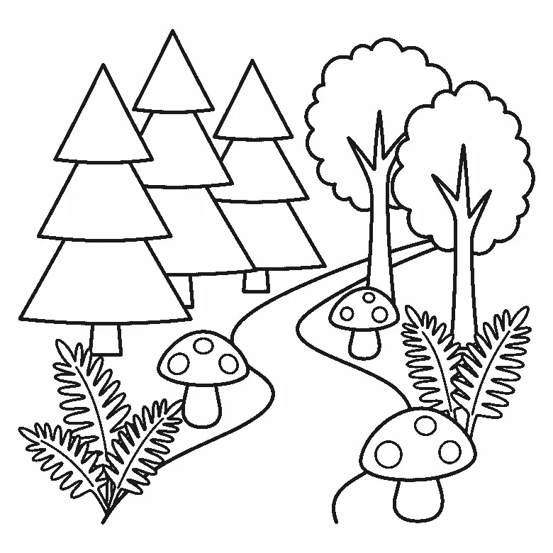 Coloring page of a forest: three fir trees drawn as stacked triangles, two round-crowned trees with forked trunks, a path winding between them, three mushrooms with three spots each and two ferns, black outlines on white