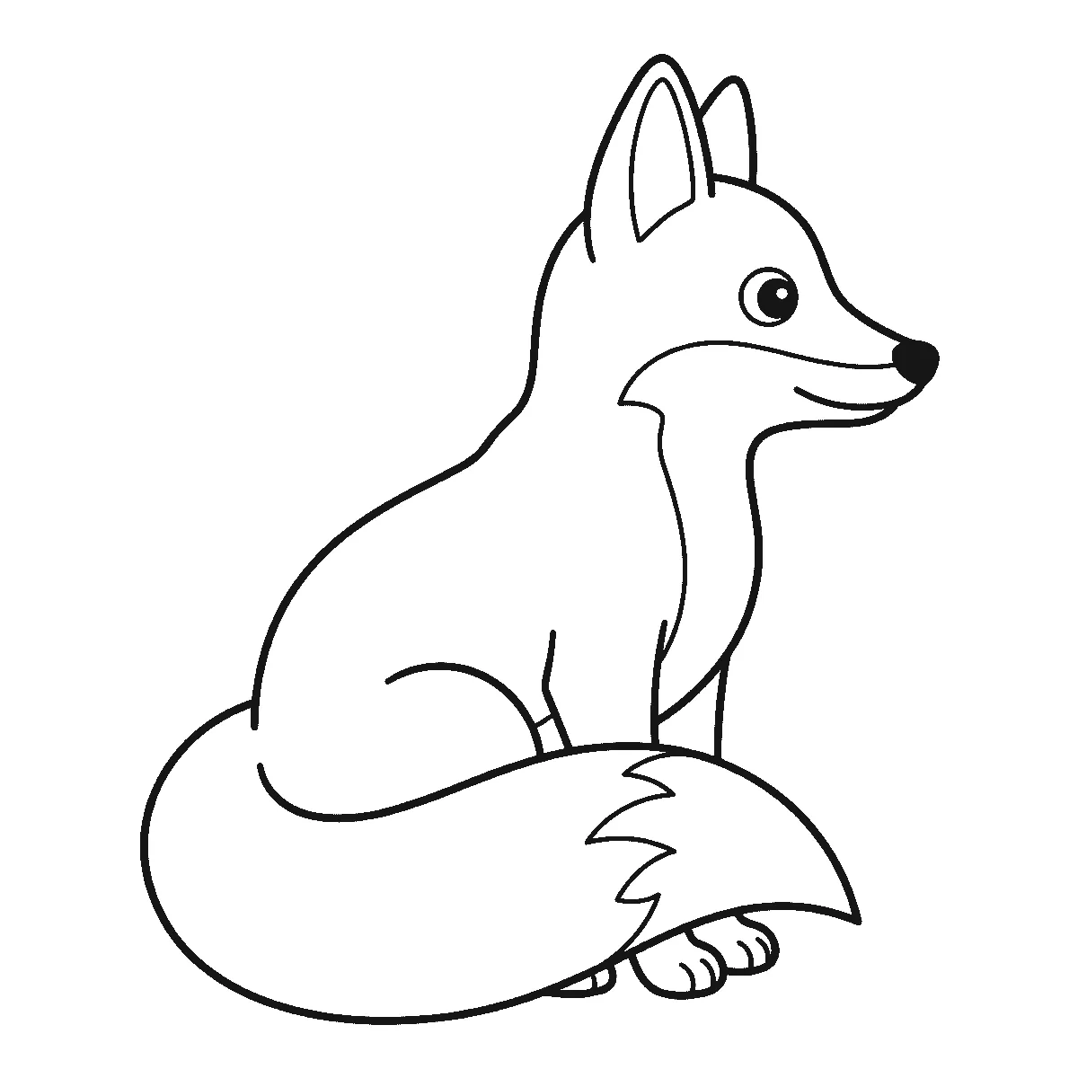 Coloring page of a fox sitting in profile with pointed ears, a narrow muzzle, one round eye and a very large bushy tail curled around in front of it, black outlines on white