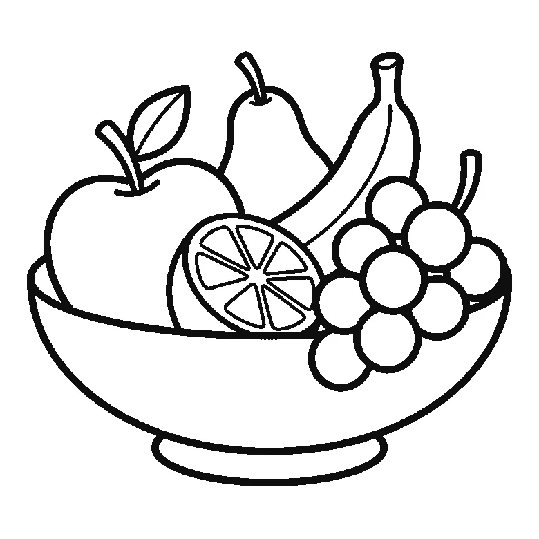 Coloring page of a wide bowl of fruit holding an apple with a leaf, a pear, a banana, half an orange showing its segments and a bunch of grapes, black outlines on white