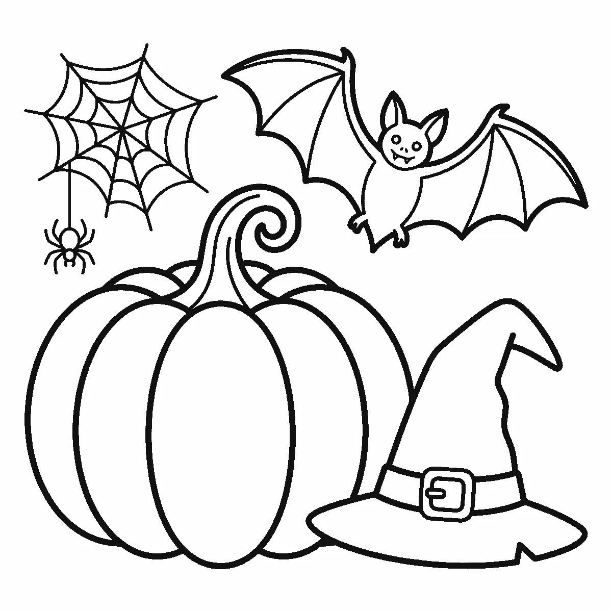 Coloring page of a Halloween group: a large ribbed pumpkin with a curled stem, a bat flying with spread wings and two round eyes, a spider hanging from its web, and a pointed witch hat with a buckled band, black outlines on white