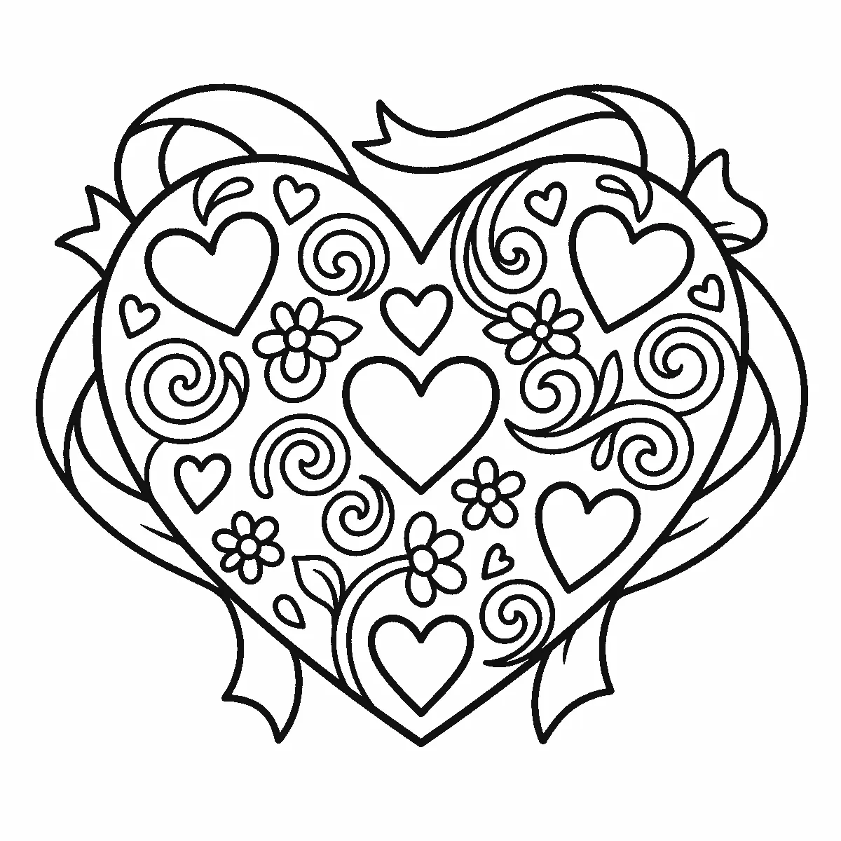 Coloring page of one large heart filled with smaller hearts, spirals, five-petal flowers and leaves, wrapped by a ribbon that passes behind it, black outlines on white