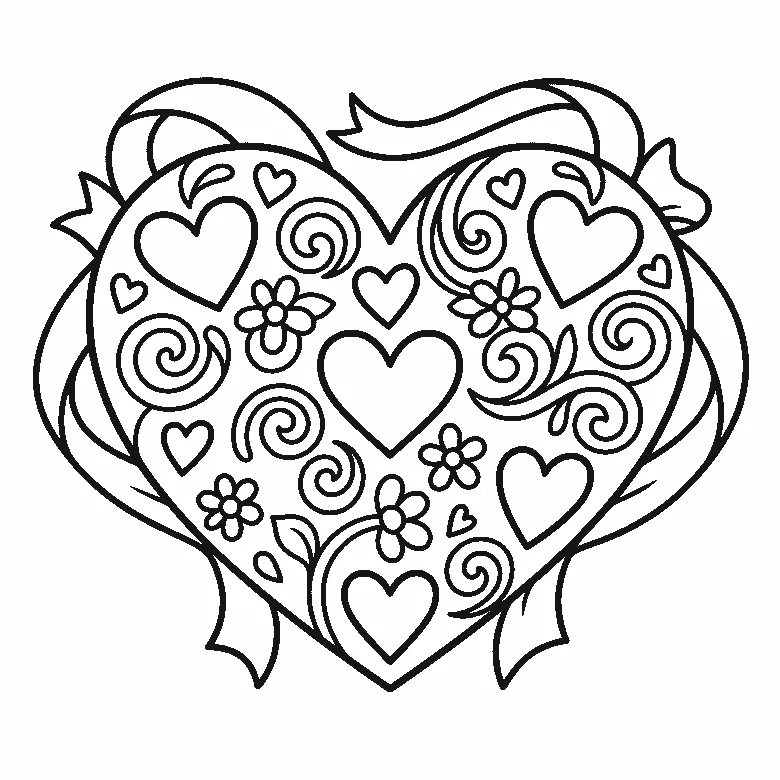 Coloring page of one large heart filled with smaller hearts, spirals, five-petal flowers and leaves, wrapped by a ribbon that passes behind it, black outlines on white