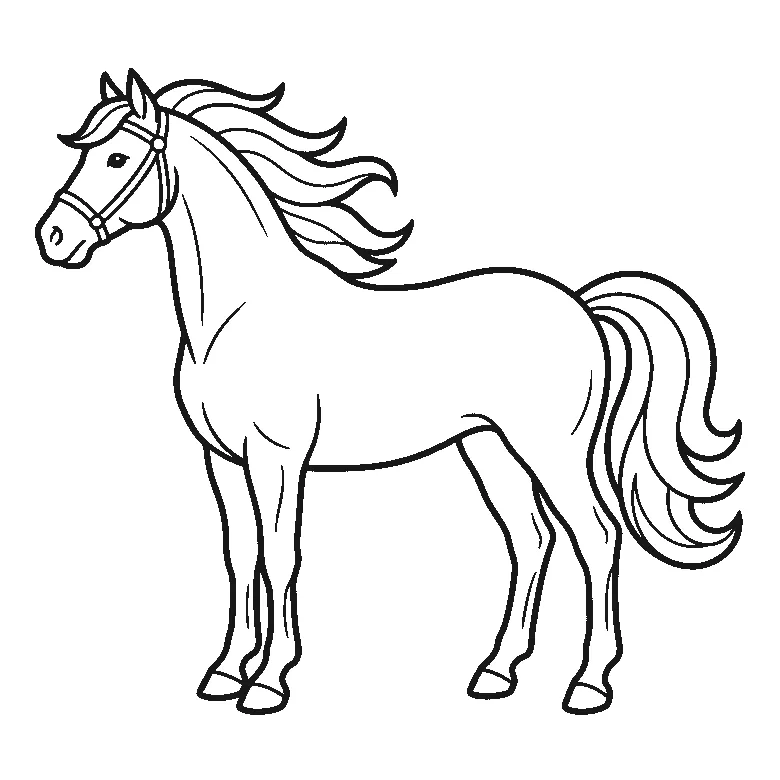 Coloring page of a horse standing in profile in a bridle, with one eye, a long streaming mane and a full tail, black outlines on white