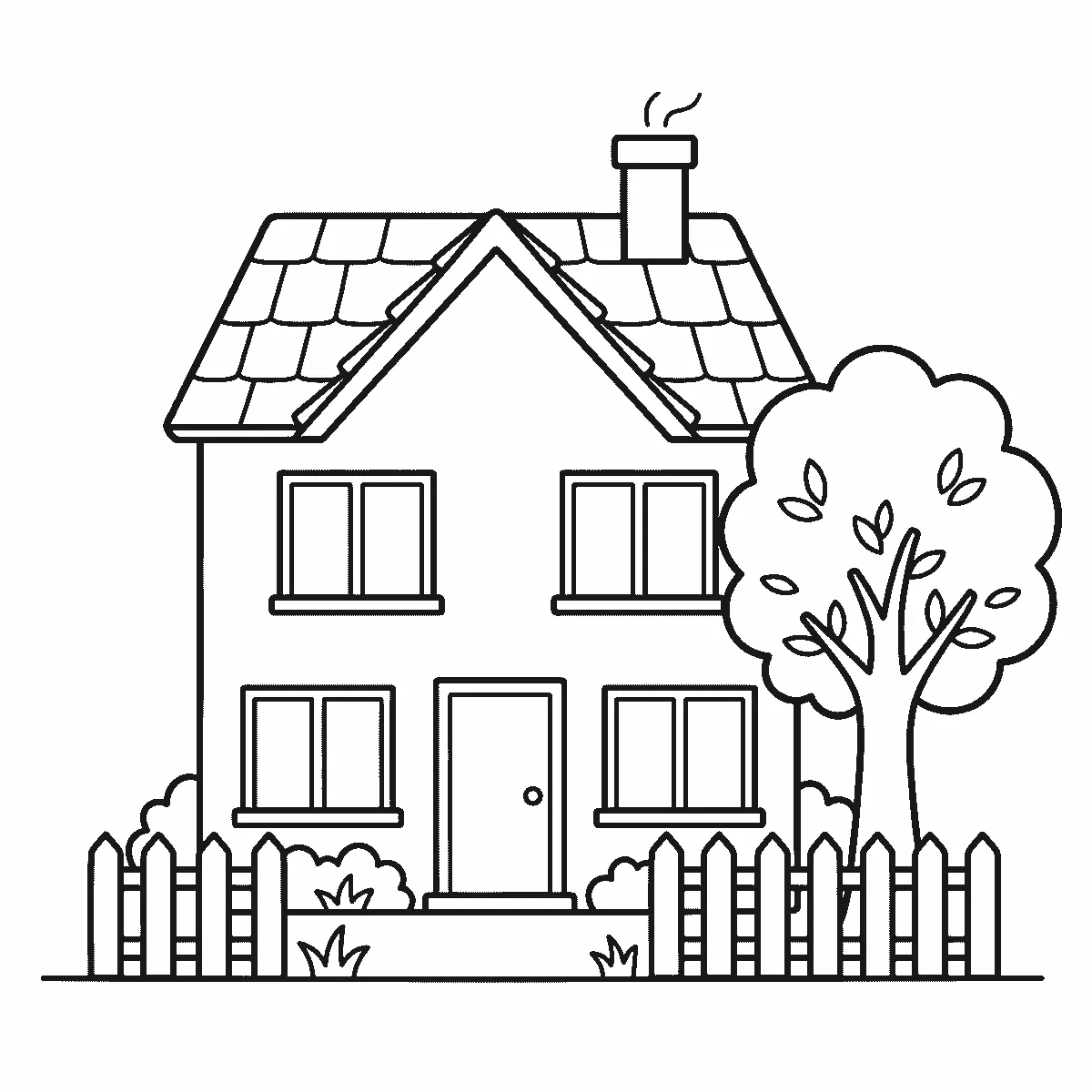 Coloring page of a two-story house seen from the front, with a tiled roof, a chimney trailing two wisps of smoke, four paned windows, a front door, a picket fence and bushes across the garden and a leafy tree at the right, black outlines on white