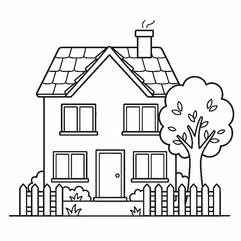 Coloring page of a two-story house seen from the front, with a tiled roof, a chimney trailing two wisps of smoke, four paned windows, a front door, a picket fence and bushes across the garden and a leafy tree at the right, black outlines on white
