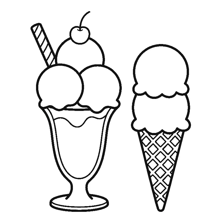 Coloring page of two ice creams side by side: a tall sundae glass with three scoops, a cherry and a wafer straw, and a two-scoop waffle cone, black outlines on white