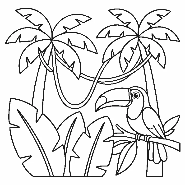 Coloring page of a jungle scene with two palm trees, a vine looping between their trunks, a bank of big notched banana leaves across the foreground and a toucan with a very large curved beak perched on a branch at the right, black outlines on white