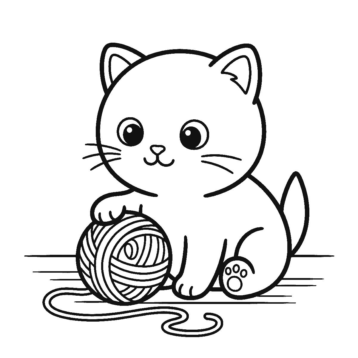 Coloring page of a round-headed kitten sitting and facing forward with two big round eyes, a small nose and three whiskers on each side, one front paw resting on a large ball of yarn whose loose thread trails away across the floor, black outlines on white