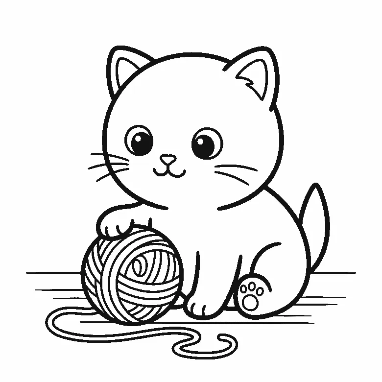 Coloring page of a round-headed kitten sitting and facing forward with two big round eyes, a small nose and three whiskers on each side, one front paw resting on a large ball of yarn whose loose thread trails away across the floor, black outlines on white