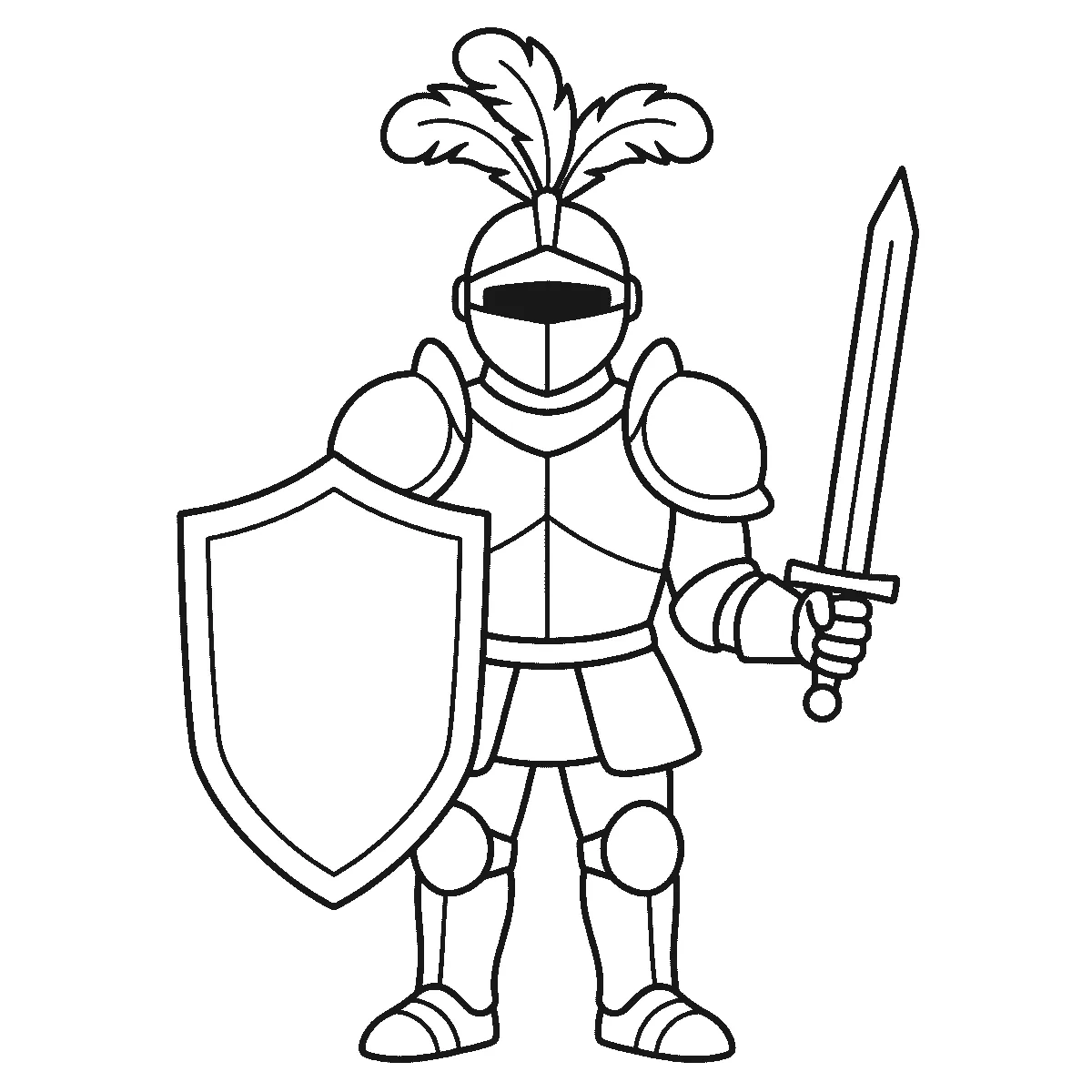 Coloring page of a knight in plate armor facing forward with the visor closed and no face visible, a three-feather plume on the helmet, a tall plain shield held in one arm and a sword raised in the other, black outlines on white