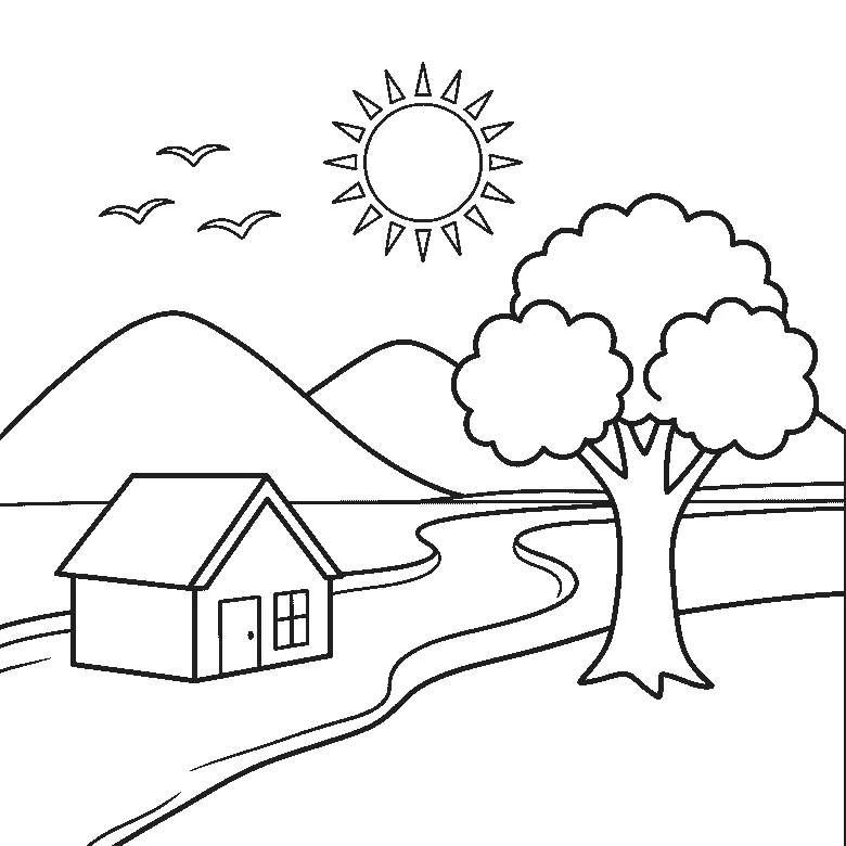 Coloring page of a countryside landscape: two rounded hills, a river winding into the distance, a broad tree with a forked trunk, a small house with a pitched roof and one window, three birds drawn as bare curves and a plain sun with straight rays, black outlines on white
