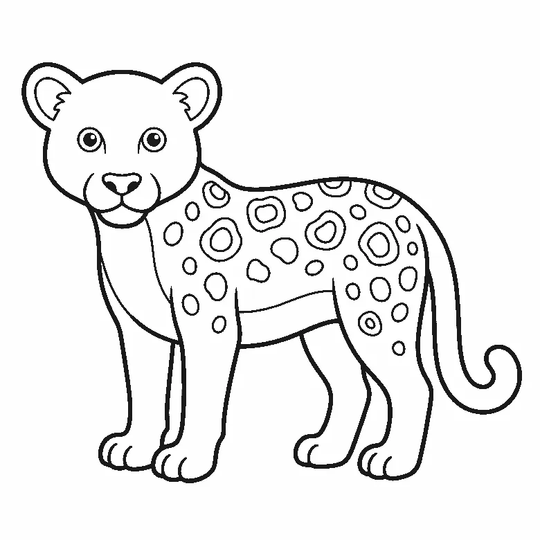 Coloring page of a leopard standing with its head turned to the viewer, two round eyes, a line marking off a pale belly, open ring-shaped rosettes of different sizes over the back and flanks, and a long tail curling up at the tip, black outlines on white