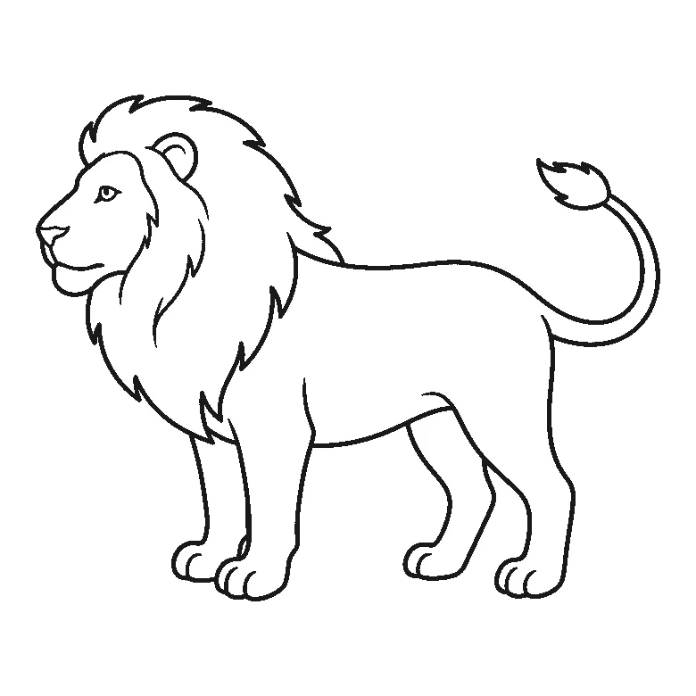 Coloring page of a lion standing in profile with a full ruffled mane, one eye and a long tail ending in a tuft, black outlines on white