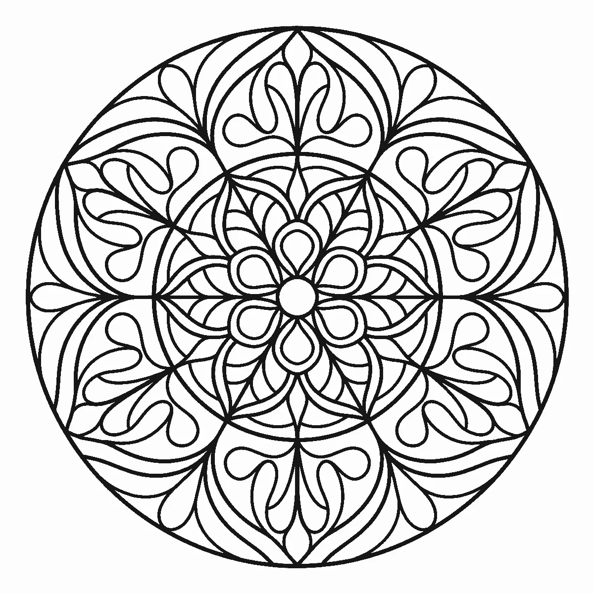 Coloring page of a circular abstract mandala of curved teardrop and leaf shapes layered in rings around a small round center, inside a plain outer circle, black outlines on white