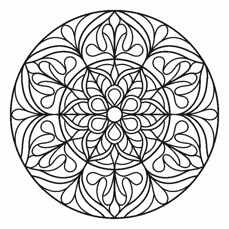 Coloring page of a circular abstract mandala of curved teardrop and leaf shapes layered in rings around a small round center, inside a plain outer circle, black outlines on white