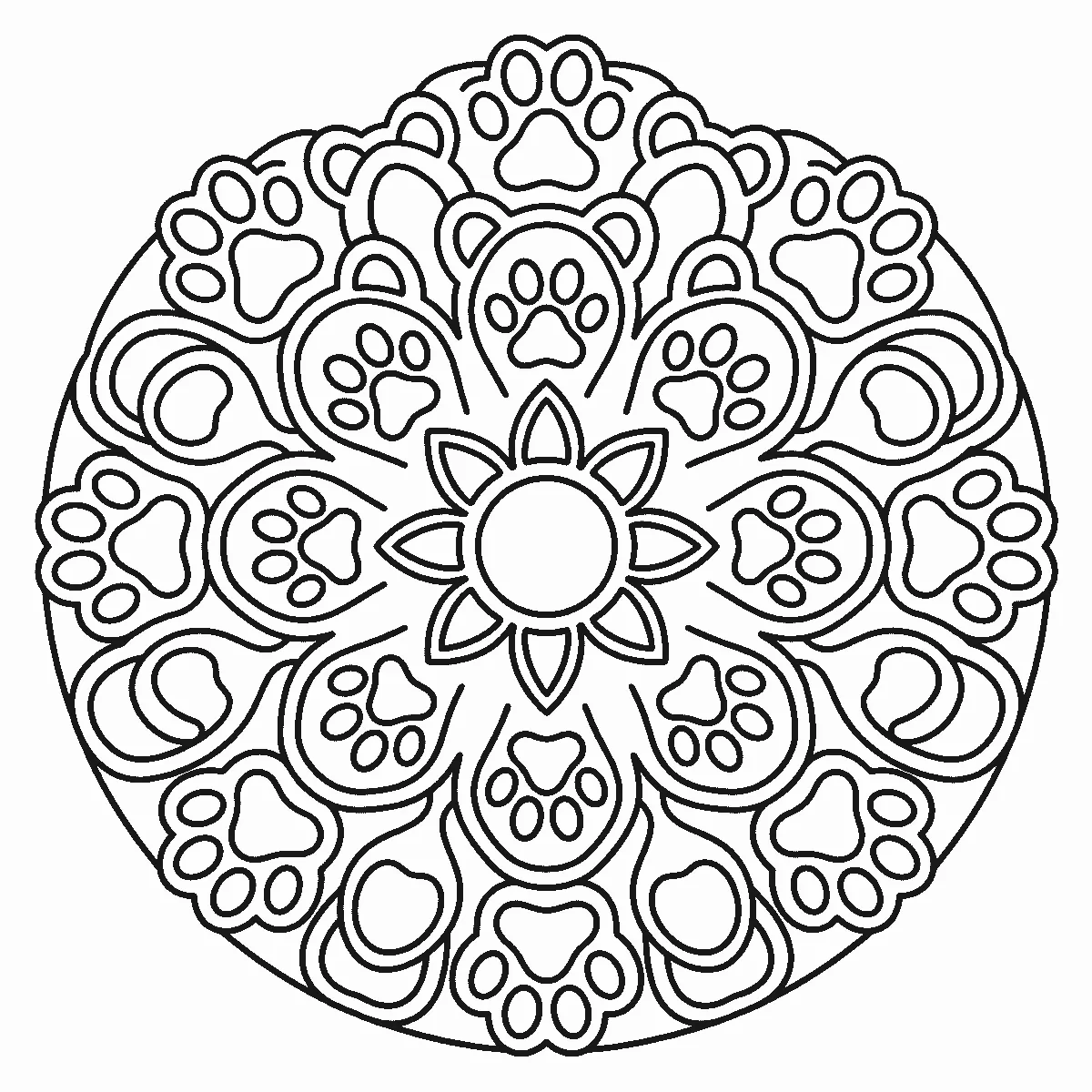 Coloring page of a circular mandala built from paw prints and rounded animal-ear shapes in rings around an eight-petal flower center — no faces are drawn, black outlines on white