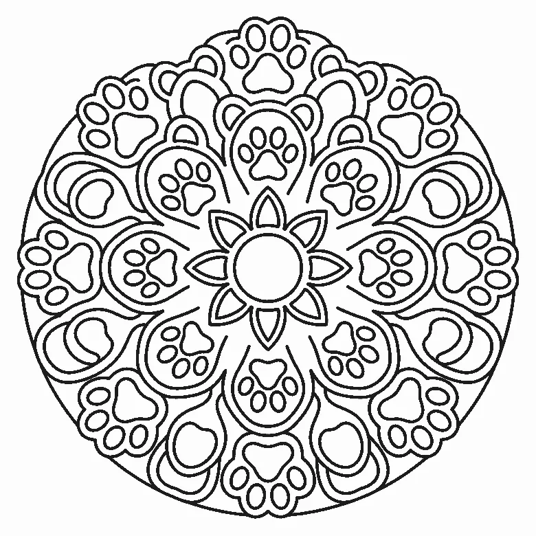 Coloring page of a circular mandala built from paw prints and rounded animal-ear shapes in rings around an eight-petal flower center — no faces are drawn, black outlines on white