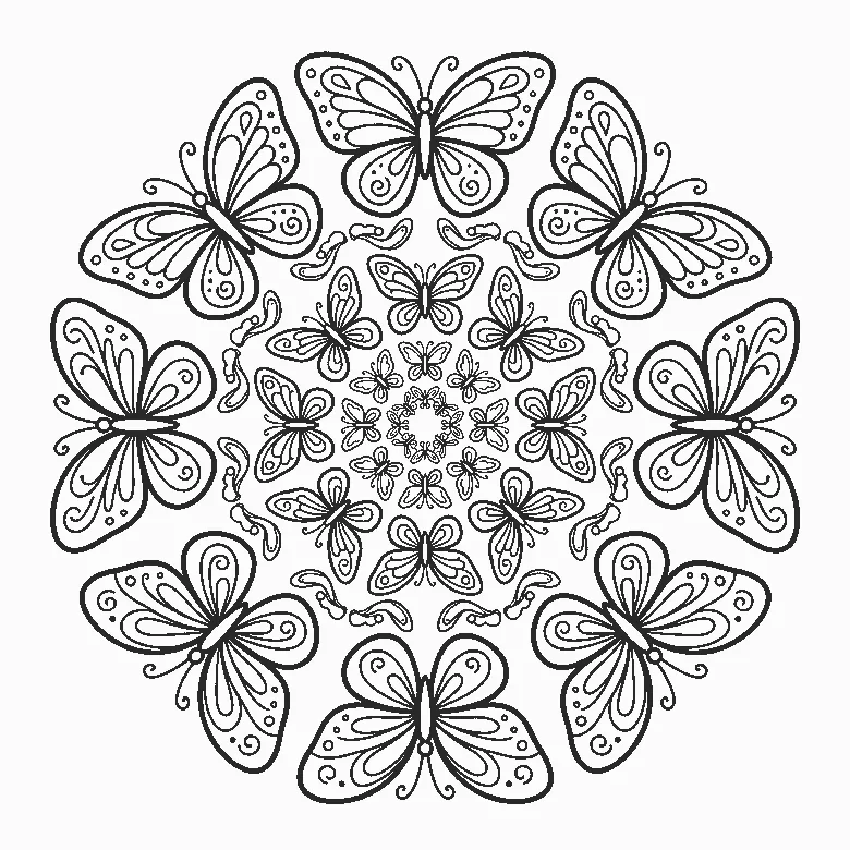 Coloring page of a circular mandala of butterflies in four rings, each ring smaller than the last, with small curling flourishes between them, black outlines on white