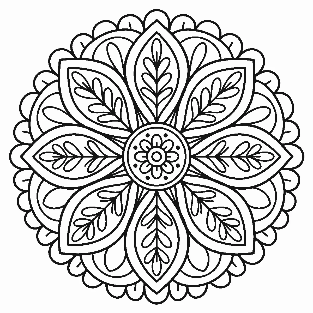 Coloring page of a circular flower mandala: eight large pointed petals filled with leaf sprigs, around a small ringed center, inside a scalloped outer border, black outlines on white