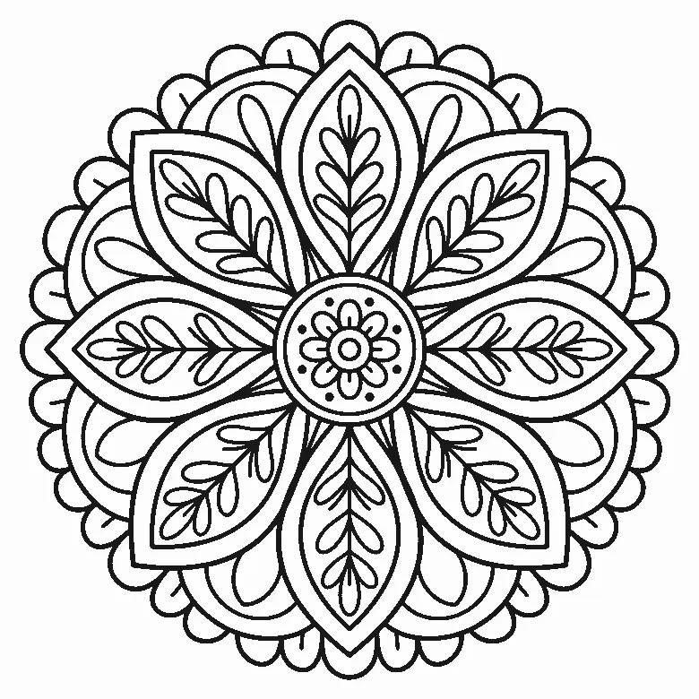 Coloring page of a circular flower mandala: eight large pointed petals filled with leaf sprigs, around a small ringed center, inside a scalloped outer border, black outlines on white