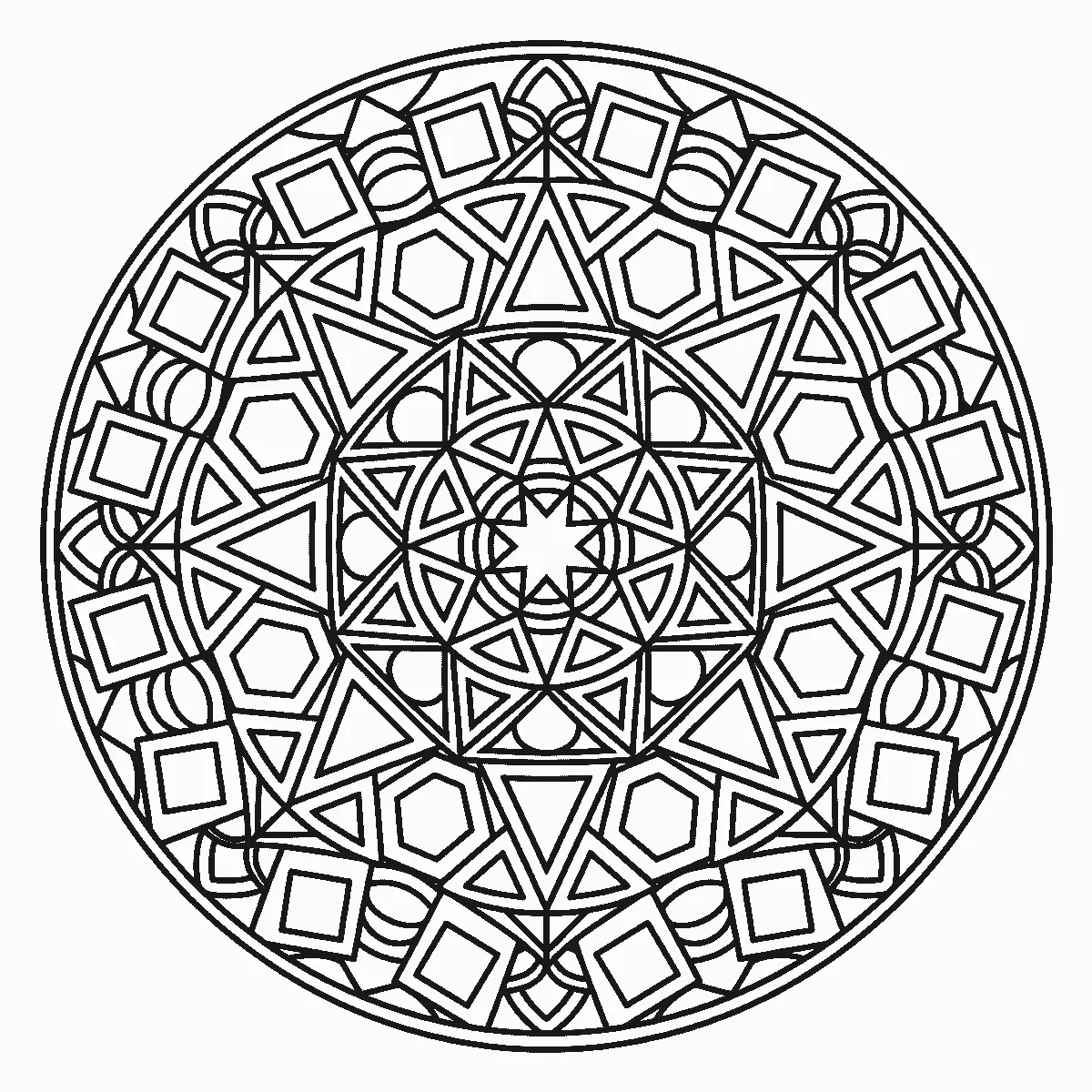 Coloring page of a circular mandala built from rings of squares, triangles, pentagons and half-discs around an eight-point star center, inside a double outer rule, black outlines on white