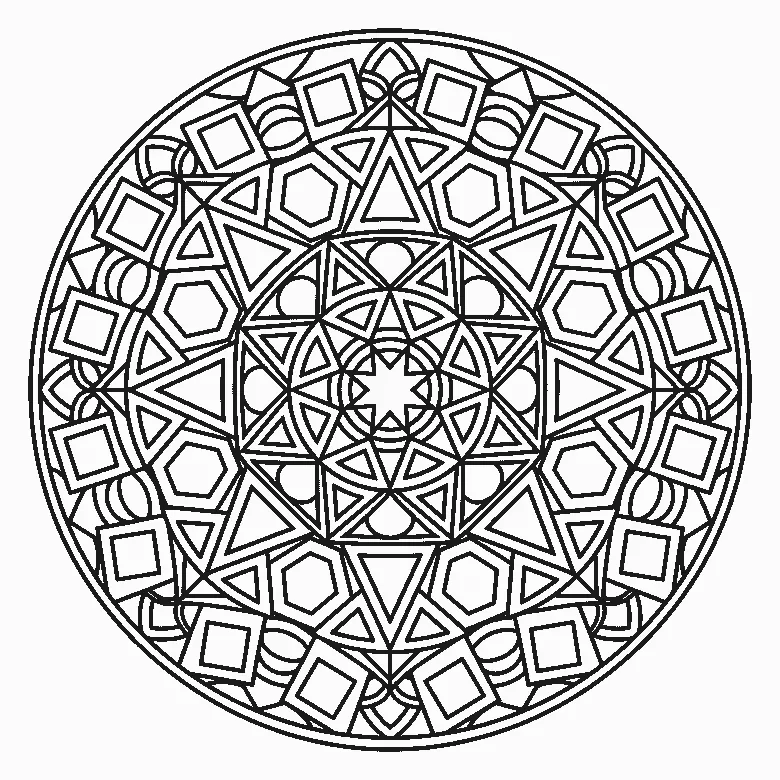 Coloring page of a circular mandala built from rings of squares, triangles, pentagons and half-discs around an eight-point star center, inside a double outer rule, black outlines on white