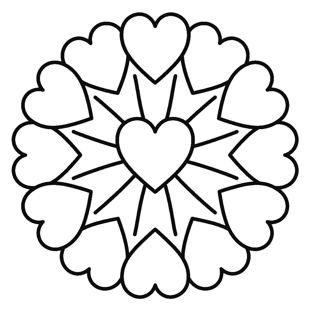 Coloring page of a circular mandala of hearts: one heart at the center on a starburst, ringed by two rows of larger hearts pointing inward, black outlines on white