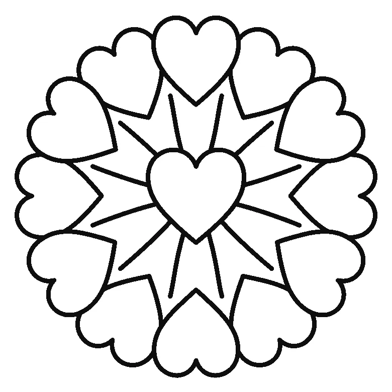 Coloring page of a circular mandala of hearts: one heart at the center on a starburst, ringed by two rows of larger hearts pointing inward, black outlines on white