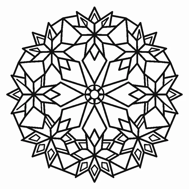 Coloring page of a circular mandala of eight-pointed stars and faceted diamond shapes arranged in rings around a small ringed center, black outlines on white