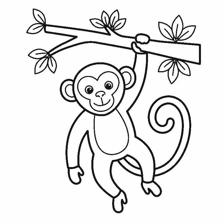Coloring page of a monkey hanging by one arm from a leafy branch, its face turned to the viewer with two eyes and a smile, its long tail curled into a spiral, black outlines on white