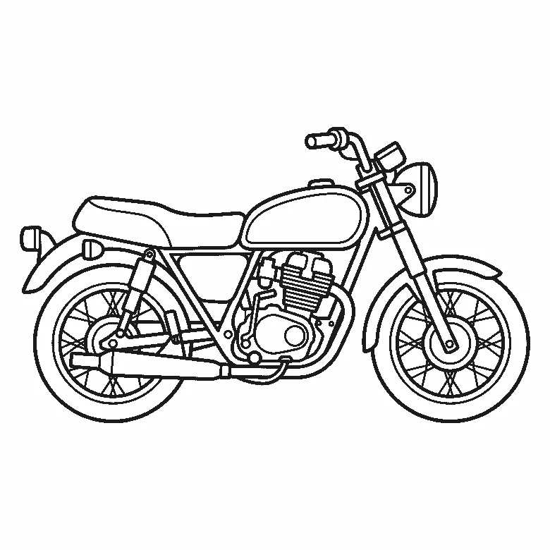 Coloring page of a motorcycle seen from the side with two large spoked wheels, a fuel tank, a long saddle, an engine block, a round headlamp, a mirror and an exhaust pipe, its bodywork left plain, black outlines on white