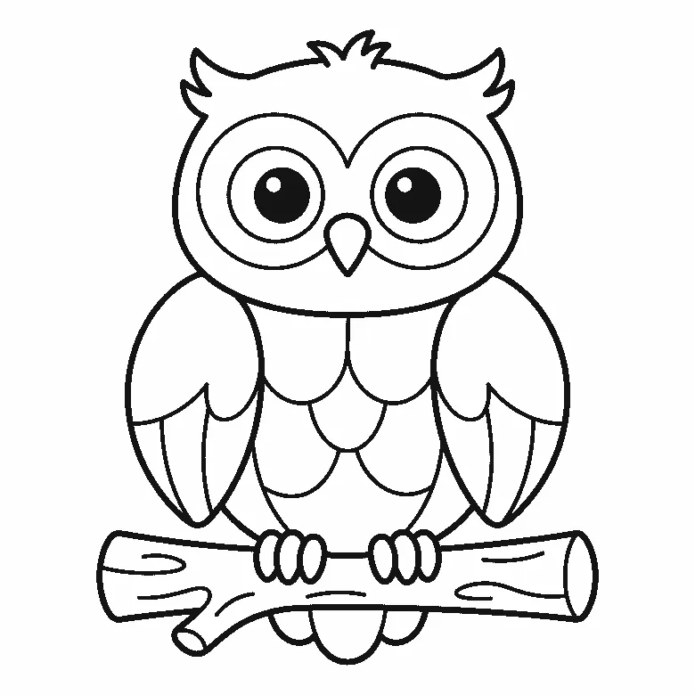 Coloring page of an owl perched on a thick branch and facing forward, with two very large round eyes, a small triangular beak, ear tufts and layered wing feathers, black outlines on white