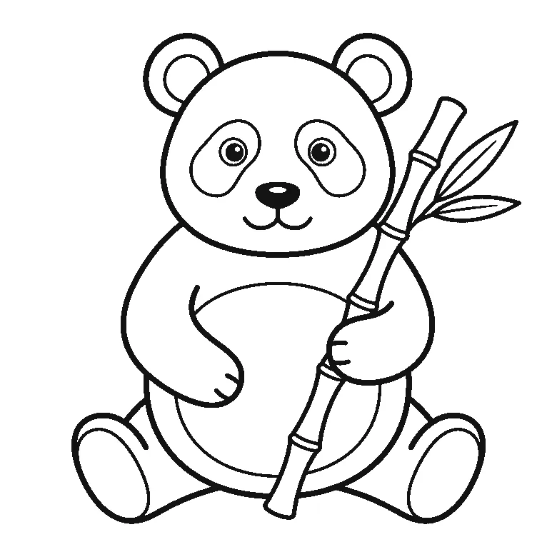 Coloring page of a giant panda sitting upright and facing forward, with two round eyes inside their own outlined patches, a filled nose, two ring-shaped ears and a large belly panel, holding a bamboo stalk divided into segments and carrying two long leaves, black outlines on white