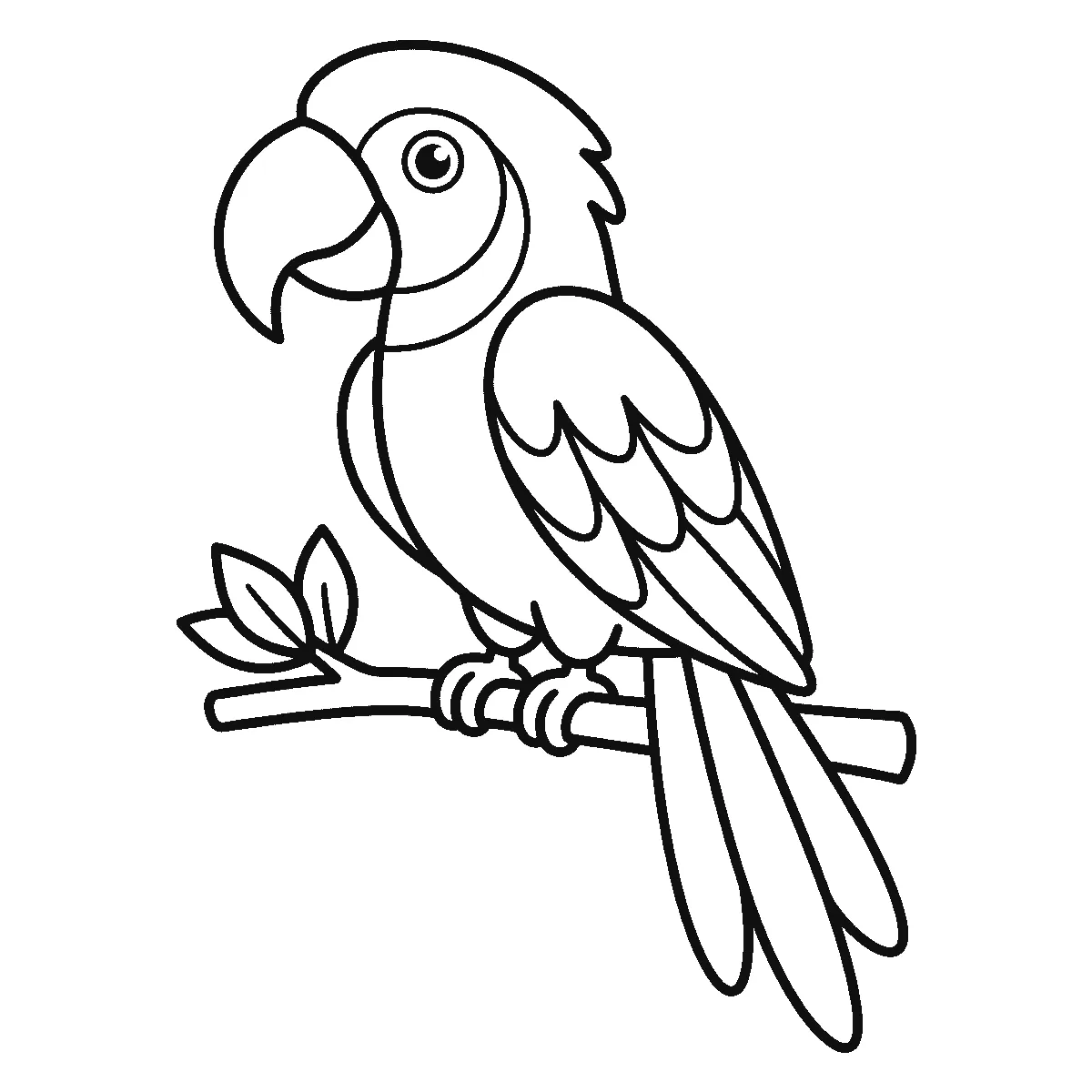 Coloring page of a parrot perched on a branch with one large round eye, a big hooked beak, a rounded head crest, a folded wing of broad feather shapes and three long tail feathers hanging below the branch, black outlines on white
