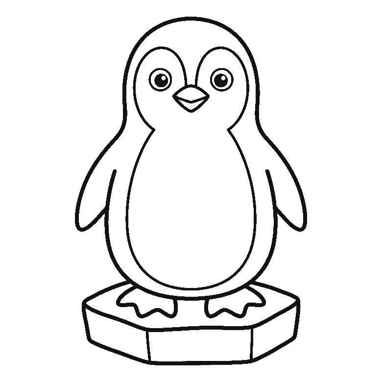 Coloring page of a penguin standing upright and facing forward on a block of ice, with two round eyes, a small beak, two flippers and two webbed feet, black outlines on white