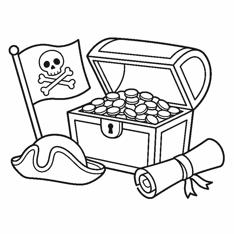 Coloring page of a pirate group: an open treasure chest heaped with plain round coins, a skull-and-crossbones flag on a pole, a tricorn hat lying in front and a rolled map tied with a ribbon, the map left completely blank, black outlines on white