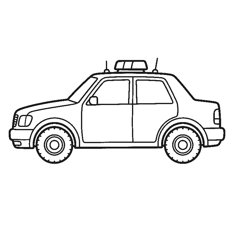 Coloring page of a patrol car seen from the side with a light bar and two antennas on the roof, four windows, a side mirror and two treaded wheels, its door panels left completely plain, black outlines on white
